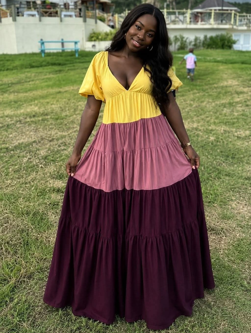 Tiered V-Neck Maxi Dress In Yellow, Mauve & Burgundy